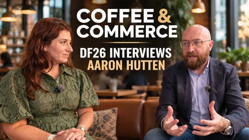 Caila Schwartz and Aaron Hutten in the Coffee & Commerce Dreamforce 2026 interview artwork
