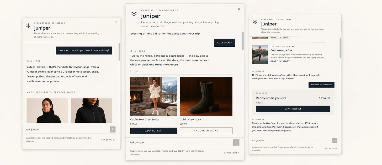 Juniper using commerce tools across catalog questions, product discovery, and checkout